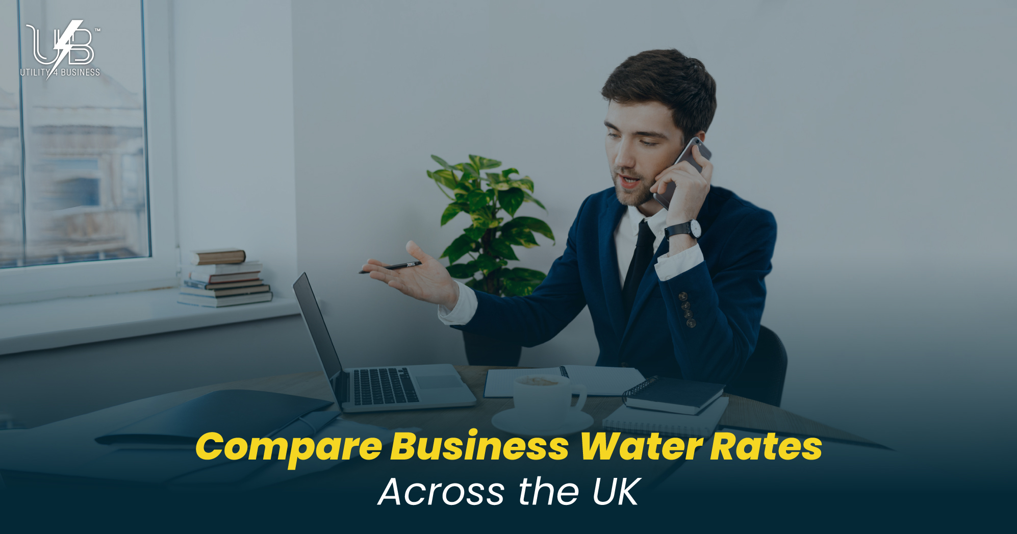 Compare business water rates UK to save on 2025 water bills. Businessman reviews water supplier options for lower costs.